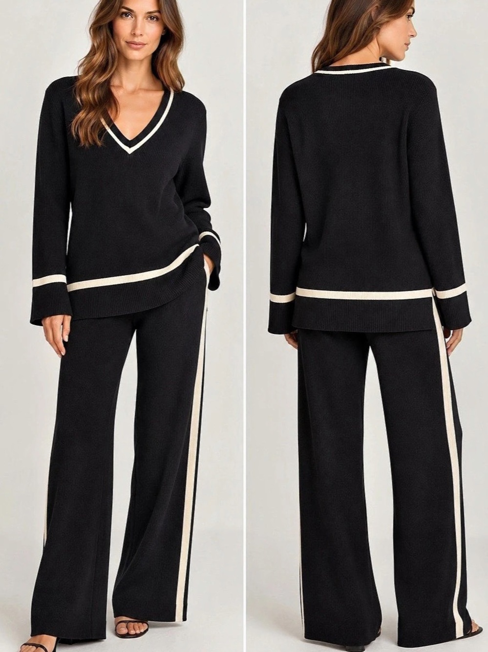 DISSH Elsie Knit Set Black Cream V Neck Sweater Wide Leg Pants S Like New